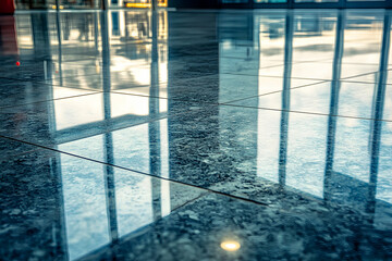 Obraz premium Polished granite floor tiles reflecting modern architecture, showcasing clean lines and a sleek interior design.