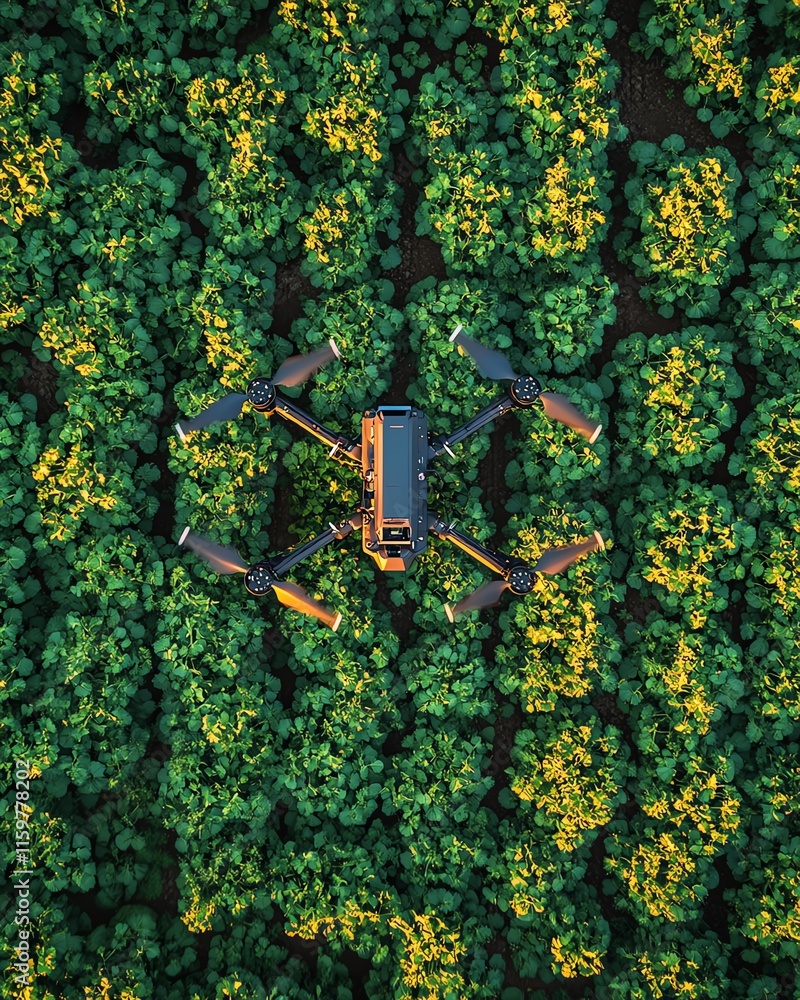 Poster an agricultural landscape transformed by robot farmers, utilizing automated systems, drones, and ai 
