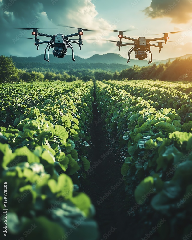 Aufkleber an agricultural landscape transformed by robot farmers, utilizing automated systems, drones, and ai 