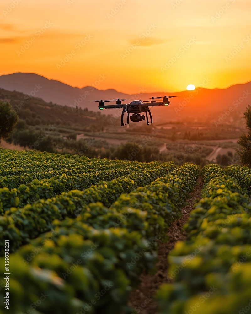 Poster An agricultural landscape transformed by robot farmers, utilizing automated systems, drones, and AI to revolutionize the farming process and enhance productivity