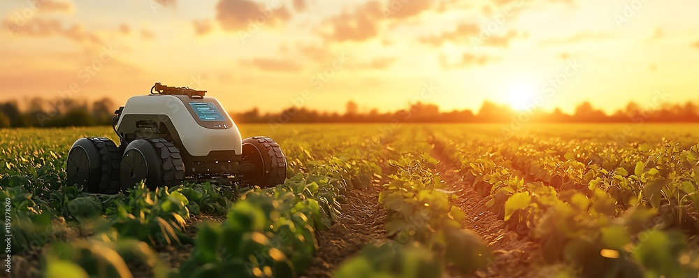 Poster an innovative robot farmer in a field, using cuttingedge agricultural technology to plant crops and 