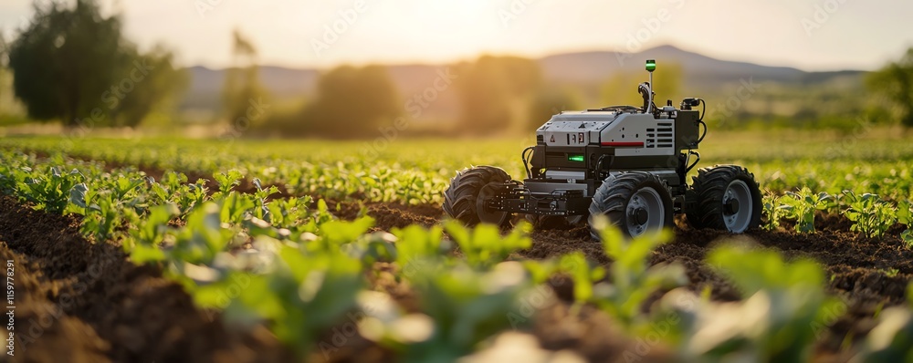 Poster an innovative robot farmer in a field, using cuttingedge agricultural technology to plant crops and 