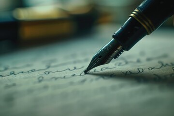 A hand writing on a letter with ink and quill, over an open envelope on a desk. Vintage...