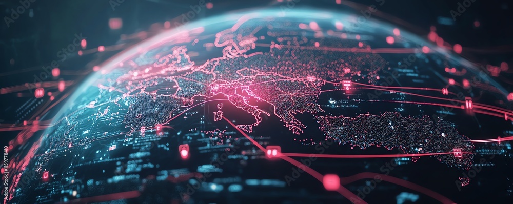 Poster a digital globe with interconnected data streams, glowing network hubs, and flowing lines, showcasin