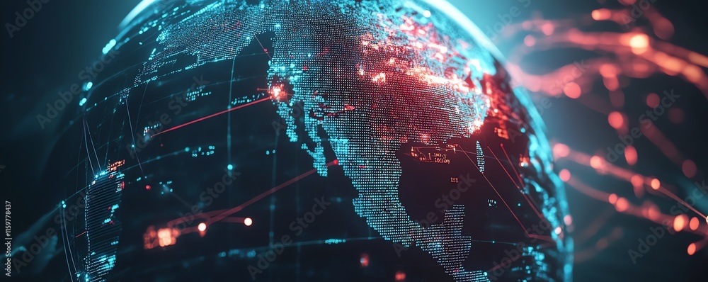 Poster A digital globe with interconnected data streams, glowing network hubs, and flowing lines, showcasing the global reach of modern cyber technologies