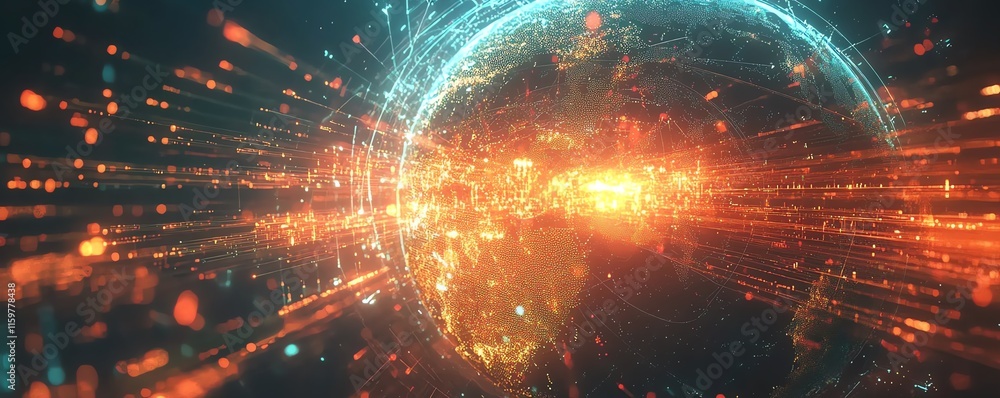Poster A digital globe with interconnected data streams, glowing network hubs, and flowing lines, showcasing the global reach of modern cyber technologies