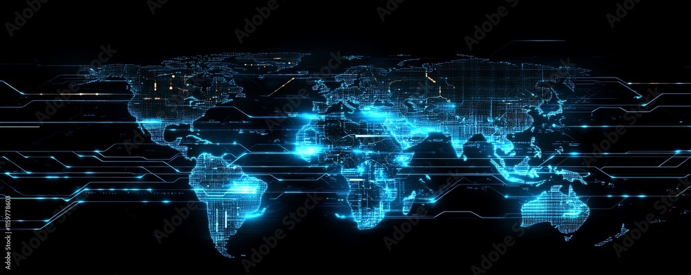 Poster a futuristic depiction of earth with illuminated data transfer lines and a global network connecting