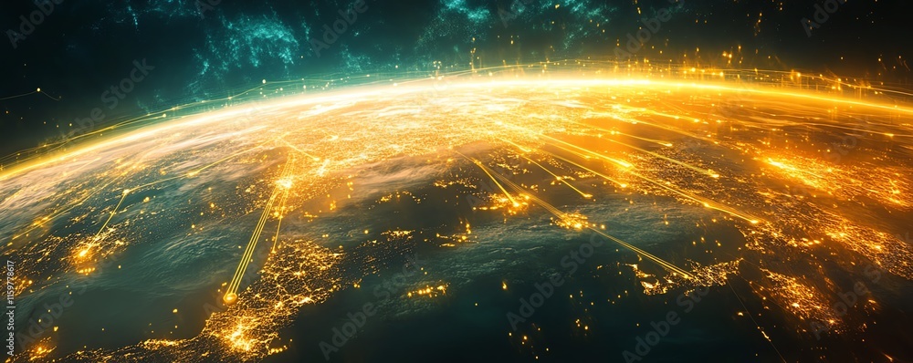 Poster a futuristic depiction of earth with illuminated data transfer lines and a global network connecting
