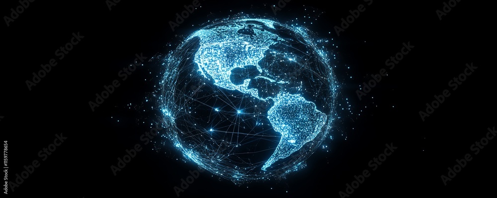 Poster a futuristic depiction of earth with illuminated data transfer lines and a global network connecting