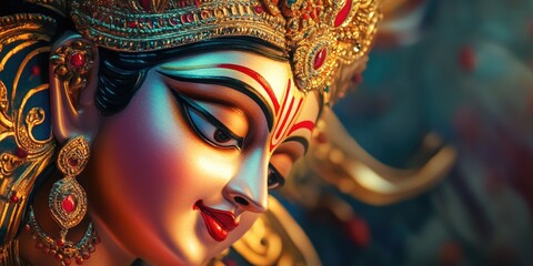 Naklejka premium A depiction of the Hindu goddess Durga, adorned with golden jewelry and set against a backdrop of traditional Indian decorations.