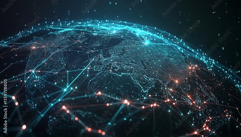 Aufkleber A global network on Earth with glowing data pathways and connected digital nodes, illustrating the power and reach of modern cyber technology and data transfer