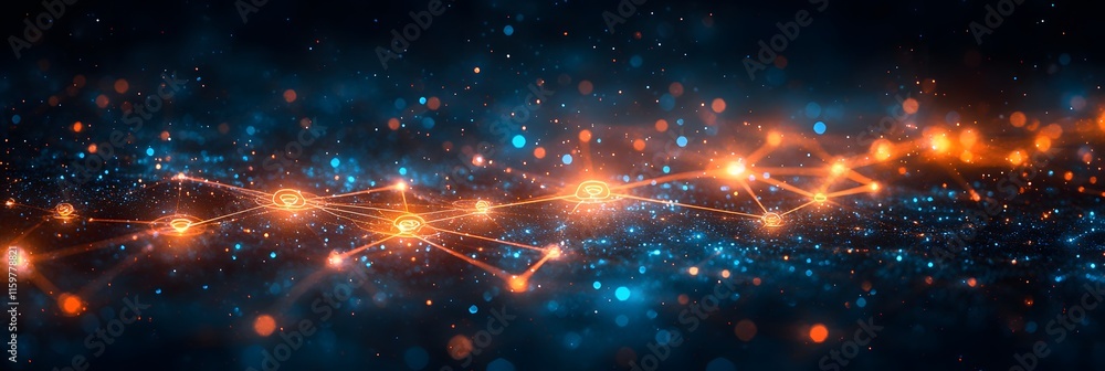 Poster network of digital user symbols connected by vibrant lines illustrating social network technologies 