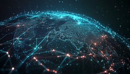 A global network on Earth with glowing data pathways and connected digital nodes, illustrating the power and reach of modern cyber technology and data transfer