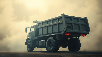 Obraz premium Heavy Duty Industrial Dump Truck on Dusty Construction Site with Dramatic Sky and Atmospheric Lighting Effects in Dark Tones