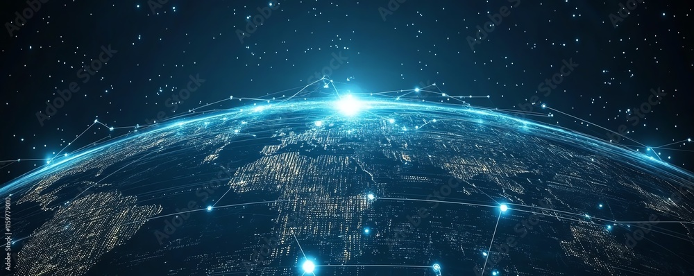 Poster a hightech digital globe with interconnected nodes, data transfer lines, and cybernetic elements, re