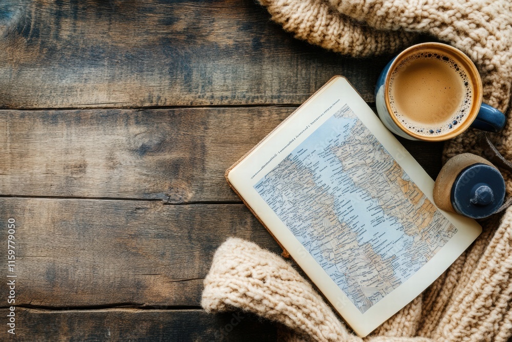 Aufkleber cozy travel flatlay with a cup of coffee and an open travel guide on a wooden table with a knitted s