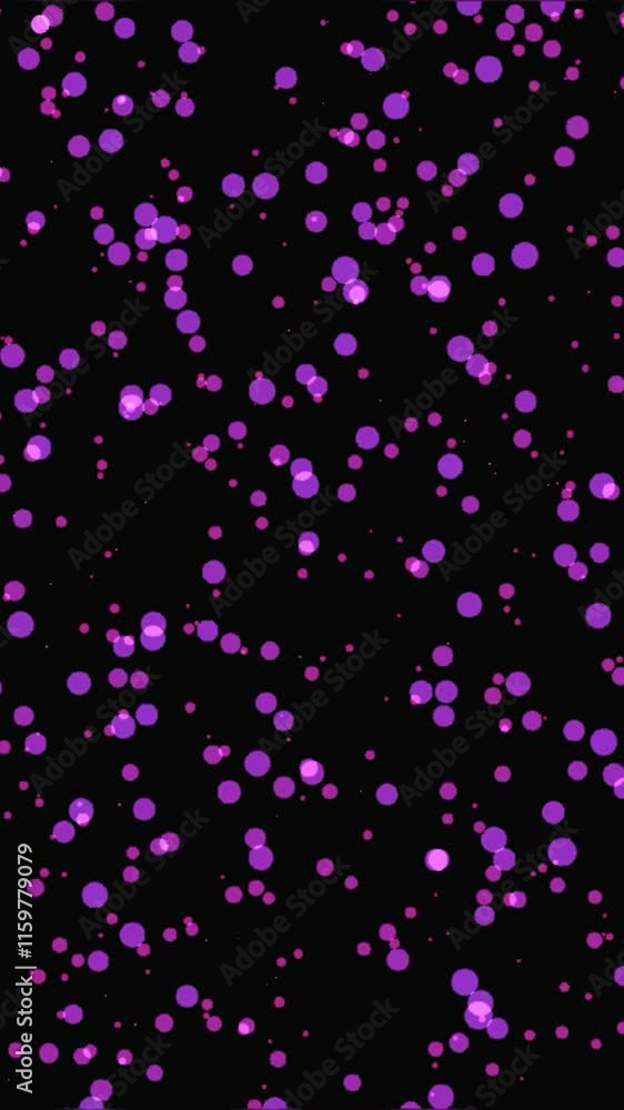 Poster vertical video with soft purple glowing bokeh light particles scattered on a dark black background, 