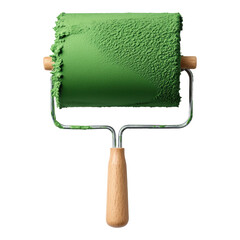 Obraz premium A green paint roller with a wooden handle, showcasing textured bristles covered in paint.