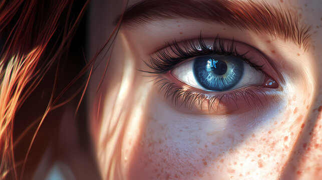 Close-up of a woman's blue eyes and freckles, looking off to the side with a soft, dreamy expression. Wistful. Illustration