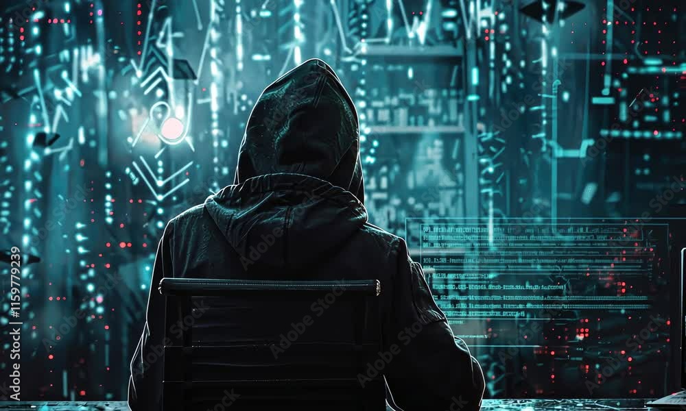 Poster hooded figure in front of computer screens with digital cityscape background
