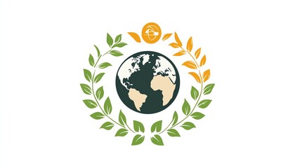 A modern, minimalist Earth Day logo with a stylized globe and ecofriendly symbols, set against a pure white background for a clean look