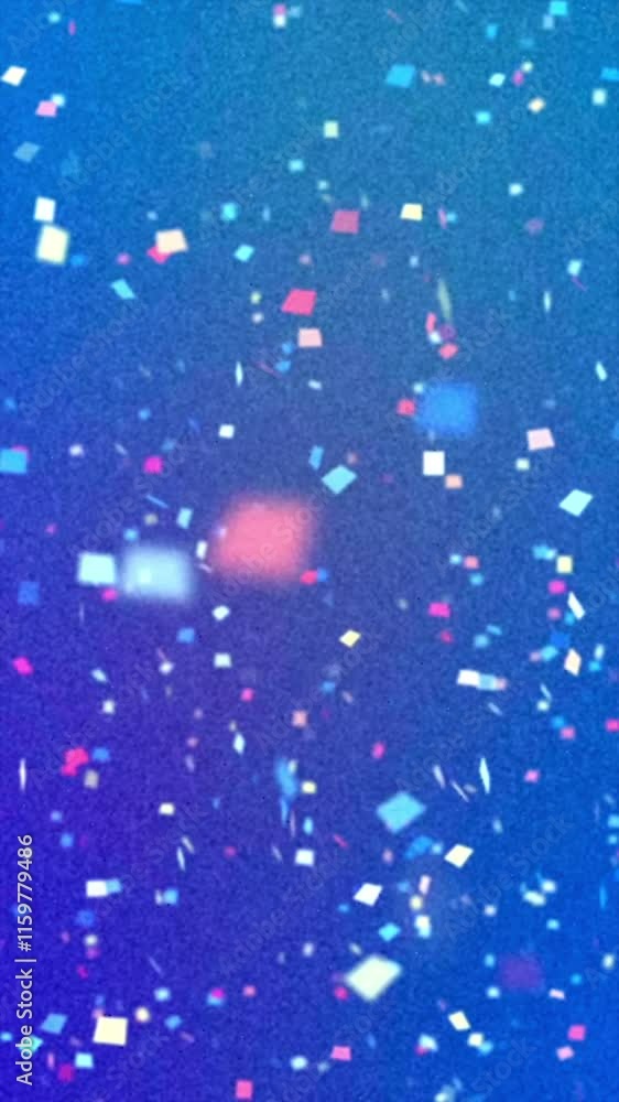 Poster Vertical video with Abstract glittering confetti scattered on a gradient blue background, vibrant and festive visual concept