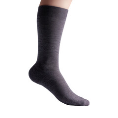 A single gray sock is shown, featuring a textured pattern and raised design, suspended in a dynamic pose.