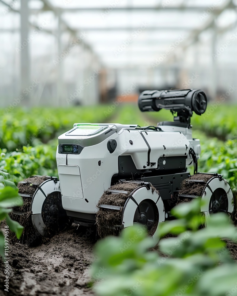 Poster a sleek robot farmer operating on a hightech farm with automated equipment for crop cultivation and 