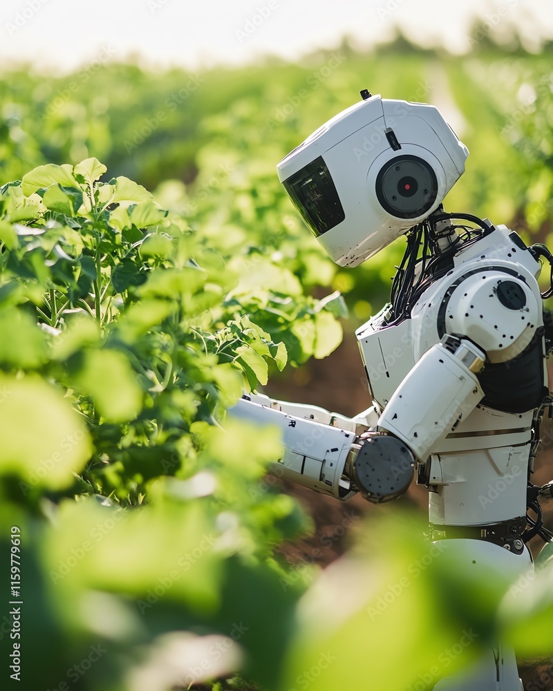 Poster A sleek robot farmer operating on a hightech farm with automated equipment for crop cultivation and precision agriculture, changing the future of food production