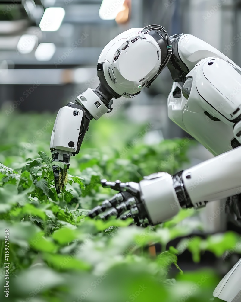 Poster A sleek robot farmer operating on a hightech farm with automated equipment for crop cultivation and precision agriculture, changing the future of food production