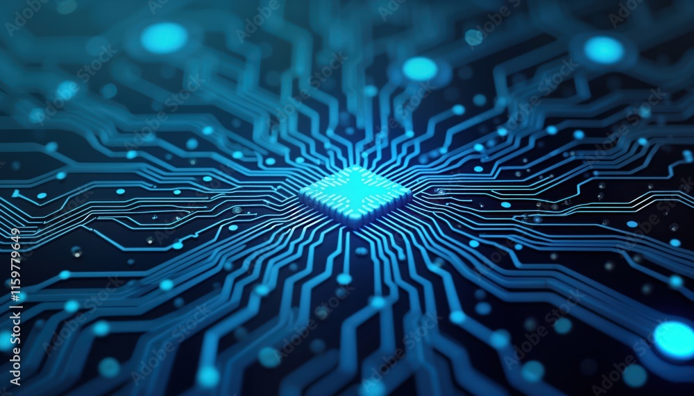 Fototapete Abstract computer circuit tech details complex electronic chip design central processor. Intricate blue lines pathways connect circuit board. Modern tech intricate web of data processing. Advanced
