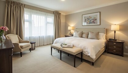  A serene bedroom features a large bed with white linens, a wooden nightstand with a lamp, a beige armchair, and a wooden dresser with a vase of pink flowers.
