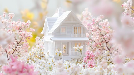 White house model nestled in blooming flowers.