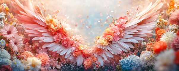 A stunning photography backdrop featuring large romantic wings made of colorful flowers, creating a dreamy and vibrant atmosphere