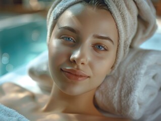 Woman lounging in pool with freshly washed hair and face