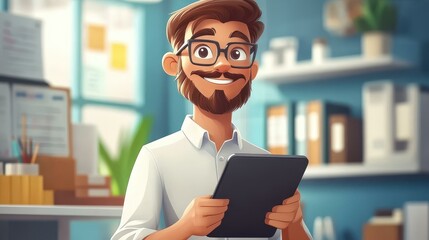 A cartoon shows a sharpdressed Korean mogul in glasses, focused on his iPad while surrounded by a sleek office.