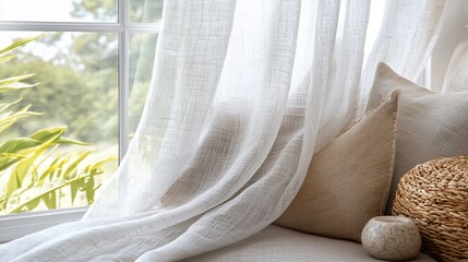 Sheer linen curtains drape over window seat with cushions.