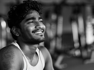 Young male gym-goer with a smile, showing enthusiasm for fitness and health