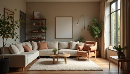  A modern living room features a large white sectional sofa, wooden coffee table, and two armchairs, with a large window, bookshelf, and plants adding to the cozy ambiance.