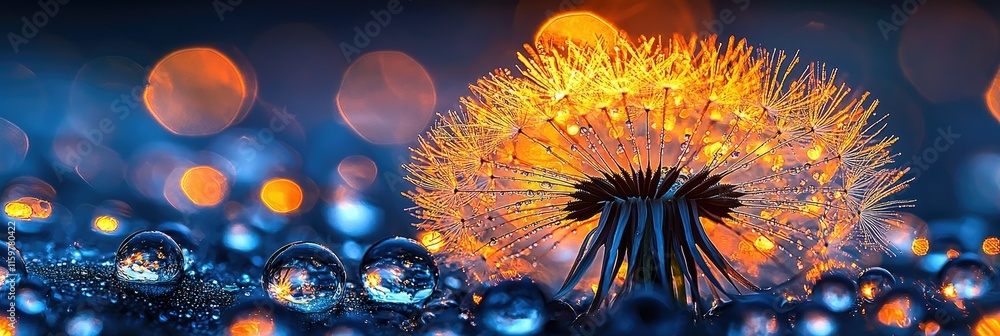Poster a vibrant dandelion illuminated against a backdrop of colorful bokeh and water droplets.