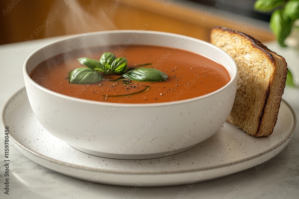 Poster Warm tomato soup served with a slice of bread garnished with fresh basil on a textured plate. Generative AI