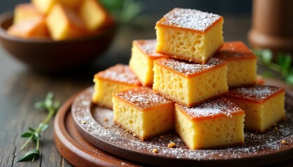 Delicious cassava cake squares stacked on plate. Sweet, moist baked treats. Lightly dusted with powdered sugar. Homemade Filipino dessert. Traditional Filipino cookery. Natural ingredients.