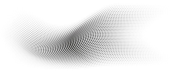 Flowing Wave Dot Halftone Pattern: Curve Gradient Shape on Transparent Background. Suitable for AI, Tech, Network, Digital, Science, and Technology Themes.