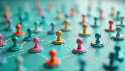 Colorful customer figures interconnected on teal background. Network visualization of customer journeys. Visual display of customer interactions, engagement. Abstract representation of client paths,