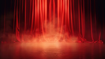 A dramatic stage set awaits, draped in rich red, adorned with gold frames, and shrouded in mysterious fog.