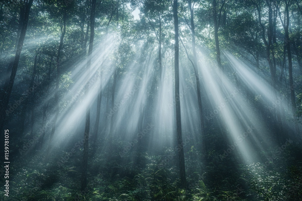 Poster sunlight streams through tall trees in a serene forest during early morning hours. generative ai