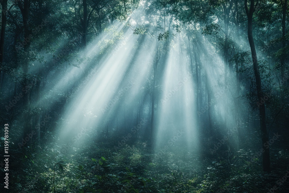Poster sunlight pierces through dense forest canopy creating mystical rays in morning glow. generative ai