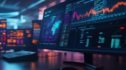 Obraz premium Digital GDP data analysis in 2025. Featuring a computer screen displaying world economic data