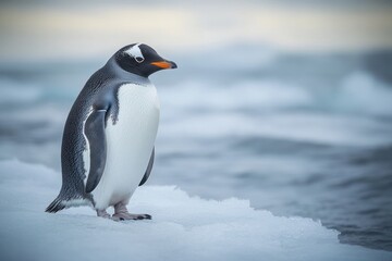 Gentoo penguin standing on ice near calm waters during twilight in Antarctica. Generative AI