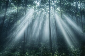 Obraz premium Sunlight streams through tall trees in a serene forest during early morning hours. Generative AI